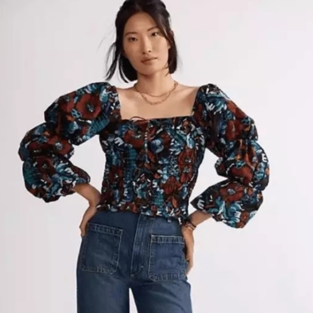 Porridge Anthropologie Colorful Boho Smocked Tiered Poplin Top Size Large